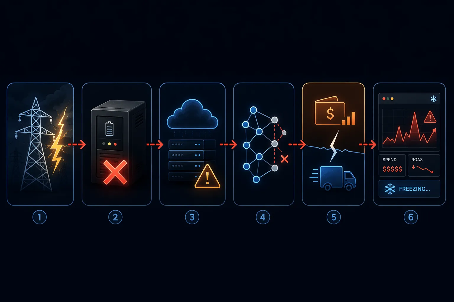 Diagram of a grid outage cascading through UPS failure, cloud degradation, AI model interruption, budget tracking separation, and campaign spend instability