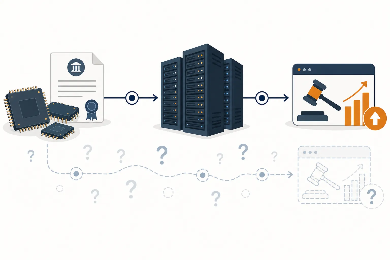 Semiconductor and tariff-policy inputs flowing through data-center infrastructure toward an ad auction, with a dashed path marking unverified pass-through