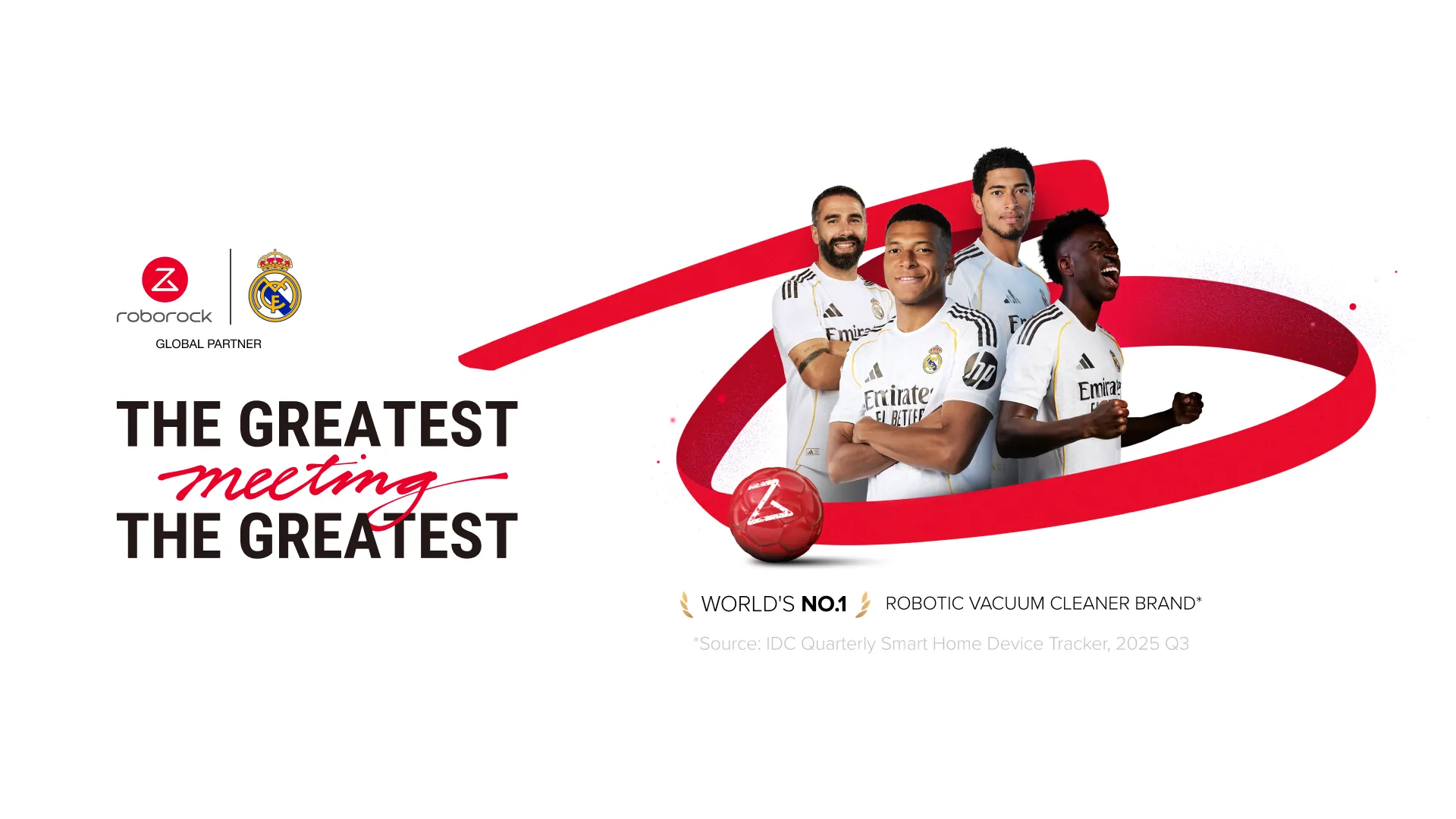 Roborock robotic vacuum paired with Real Madrid club branding in the official partnership visual