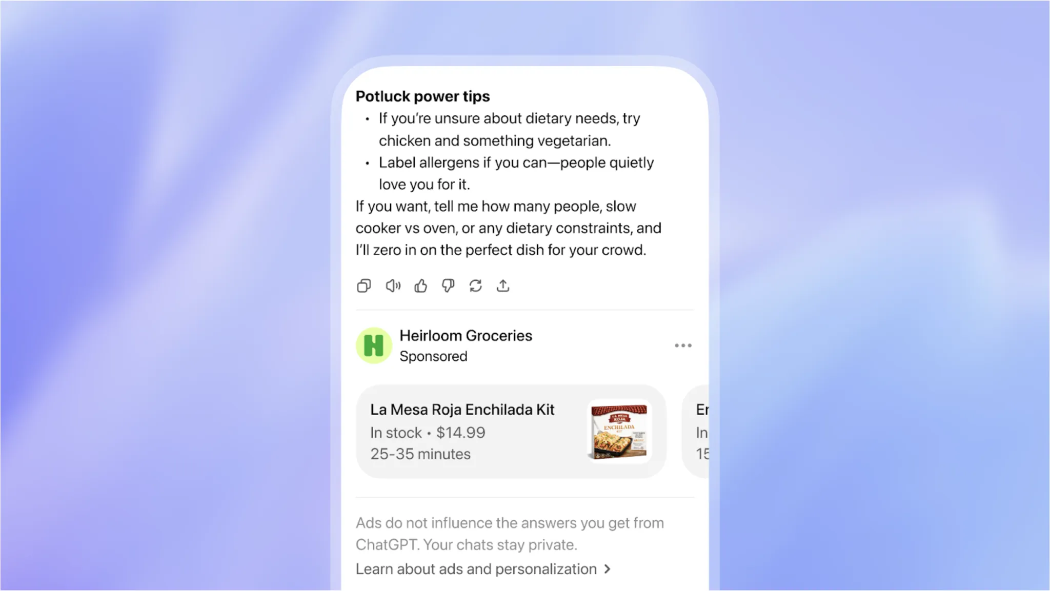 OpenAI Help Center screenshot showing a ChatGPT response with a sponsored product card labeled as an ad