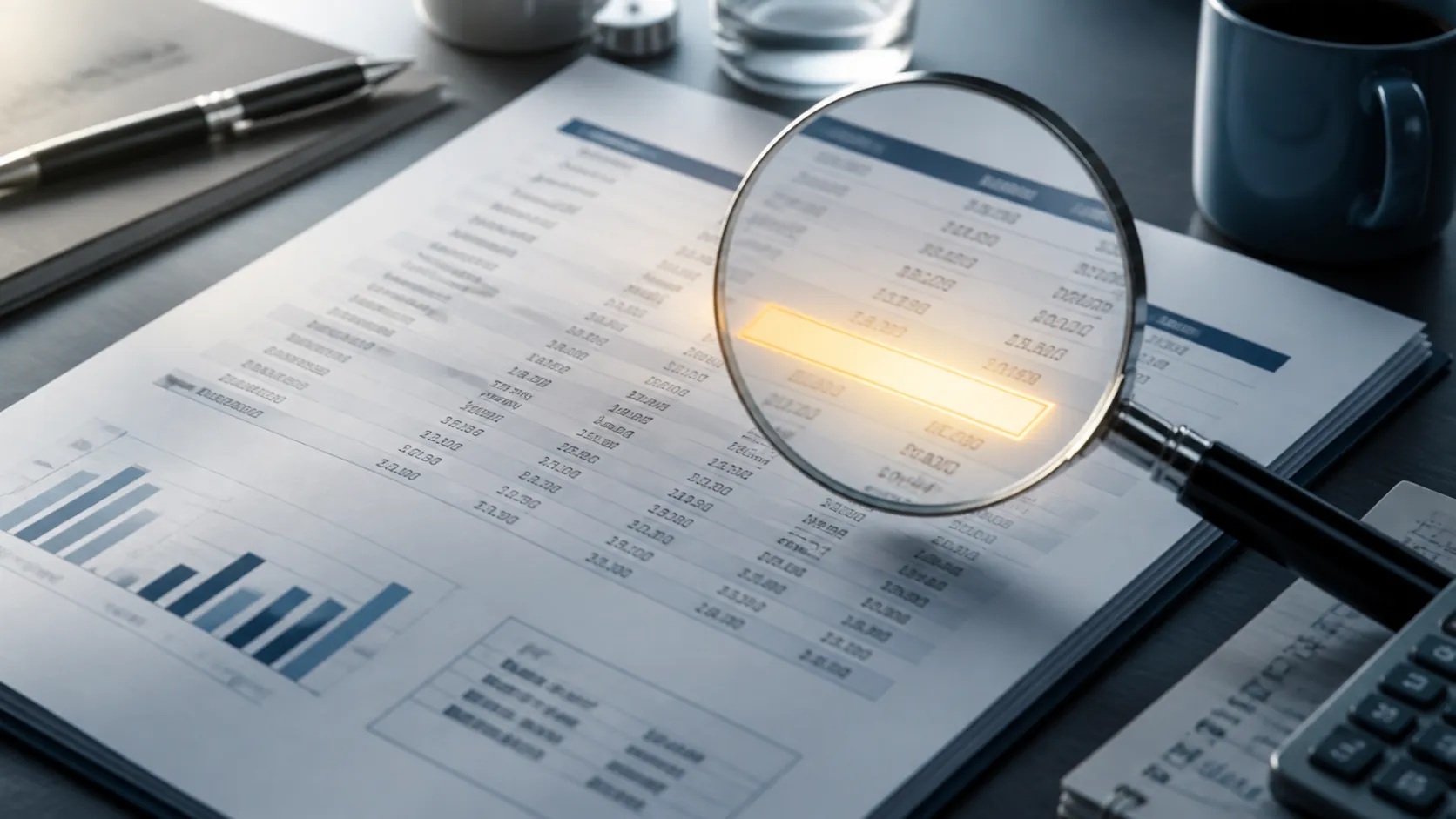 An earnings report on a desk with a magnifying glass over a blank highlighted revenue line