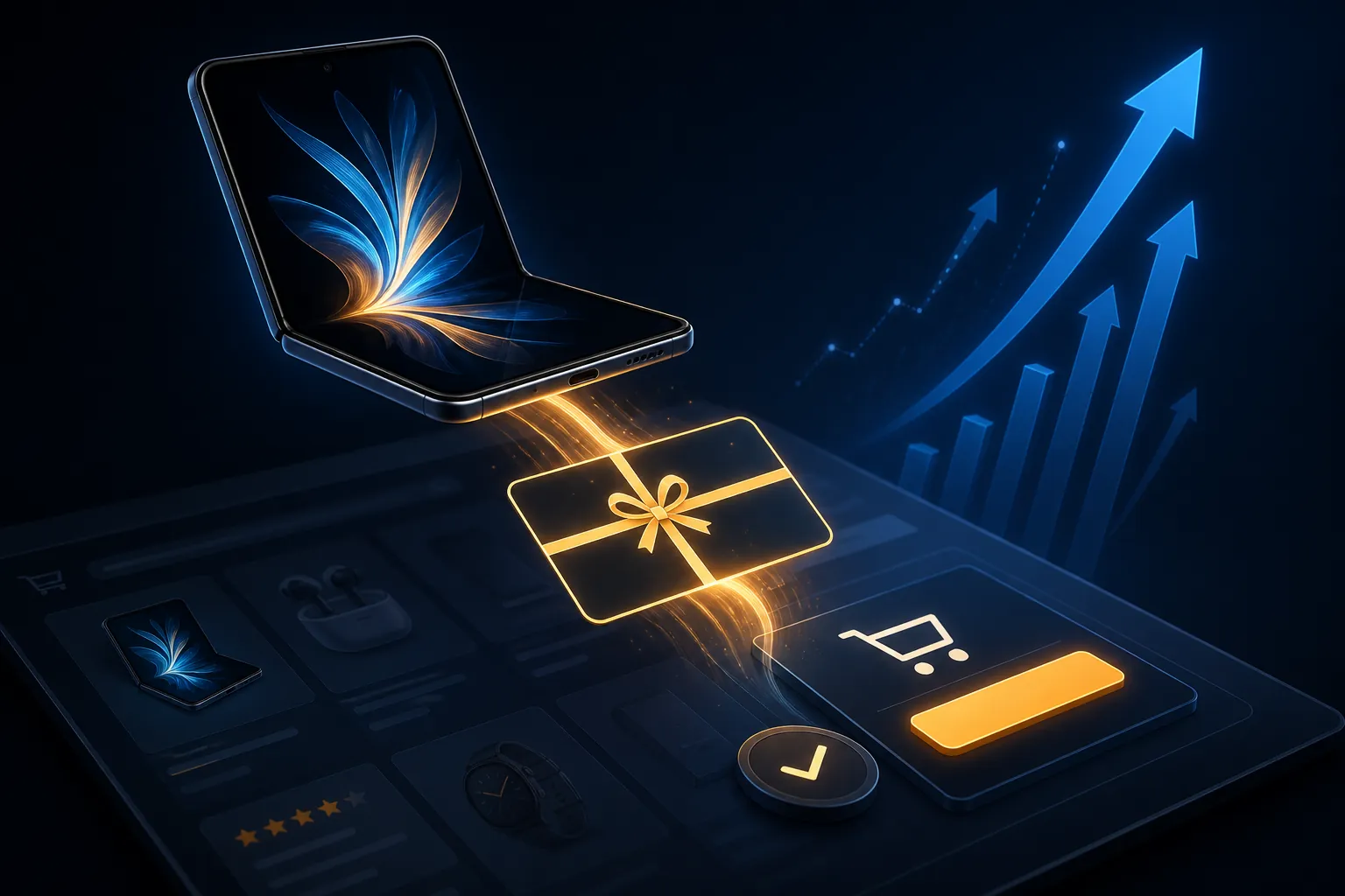 Premium foldable smartphone above an Amazon-style checkout interface with a glowing gift card and sales lift arrows