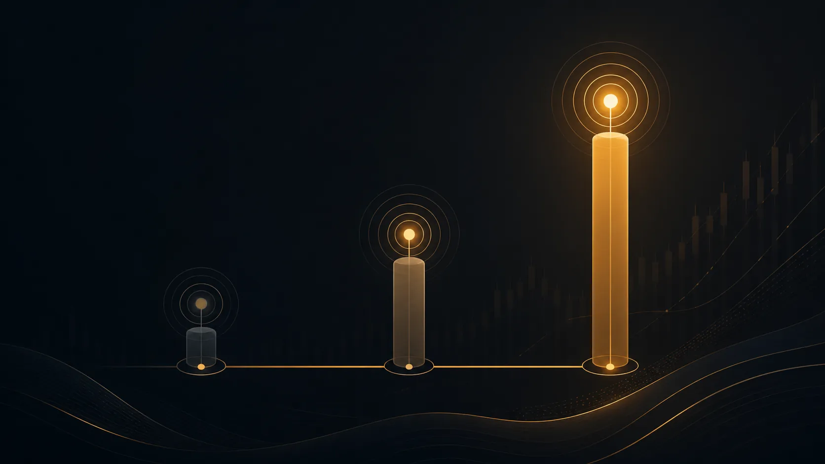 A dark investment timeline with three ascending milestone nodes