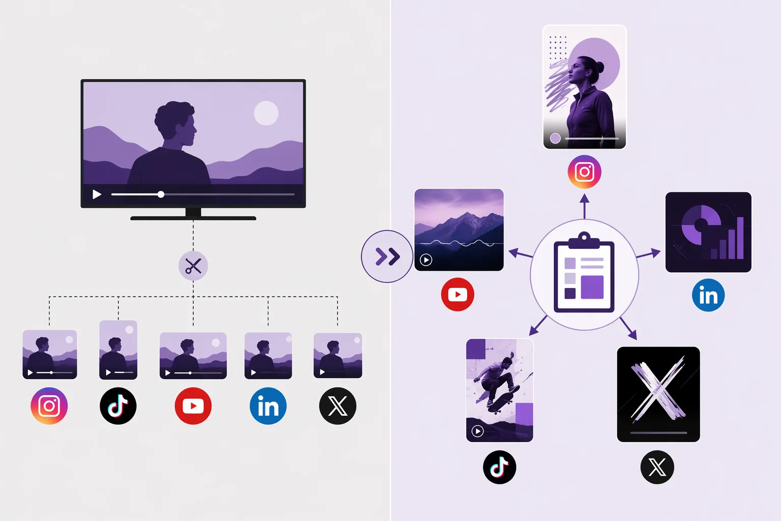 Split-screen comparison of identical TV cutdowns versus distinct social platform adaptations