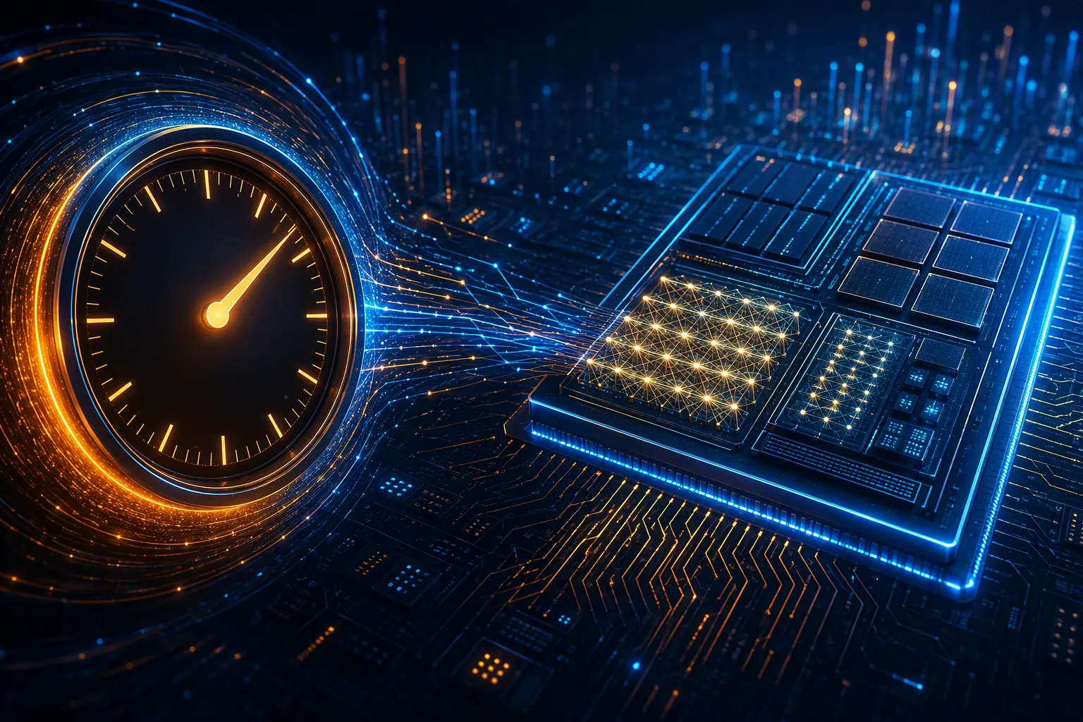 A digital auction clock counting down from 100 milliseconds integrated with a CPU die pattern and matrix accelerator blocks