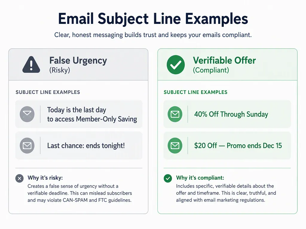 Comparison of risky false urgency subject lines and compliant verifiable offer subject lines