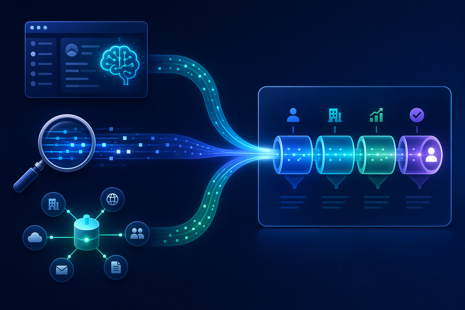 Three enrichment architectures flowing into a unified sales pipeline