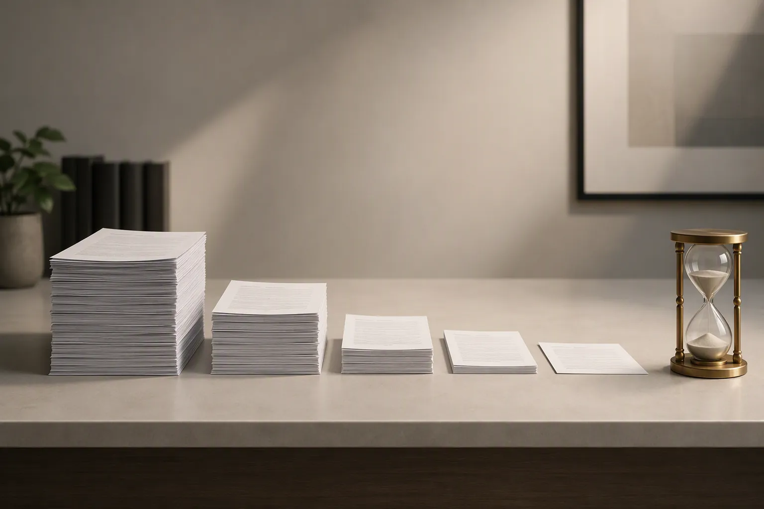 Contract documents decreasing in thickness beside a small hourglass