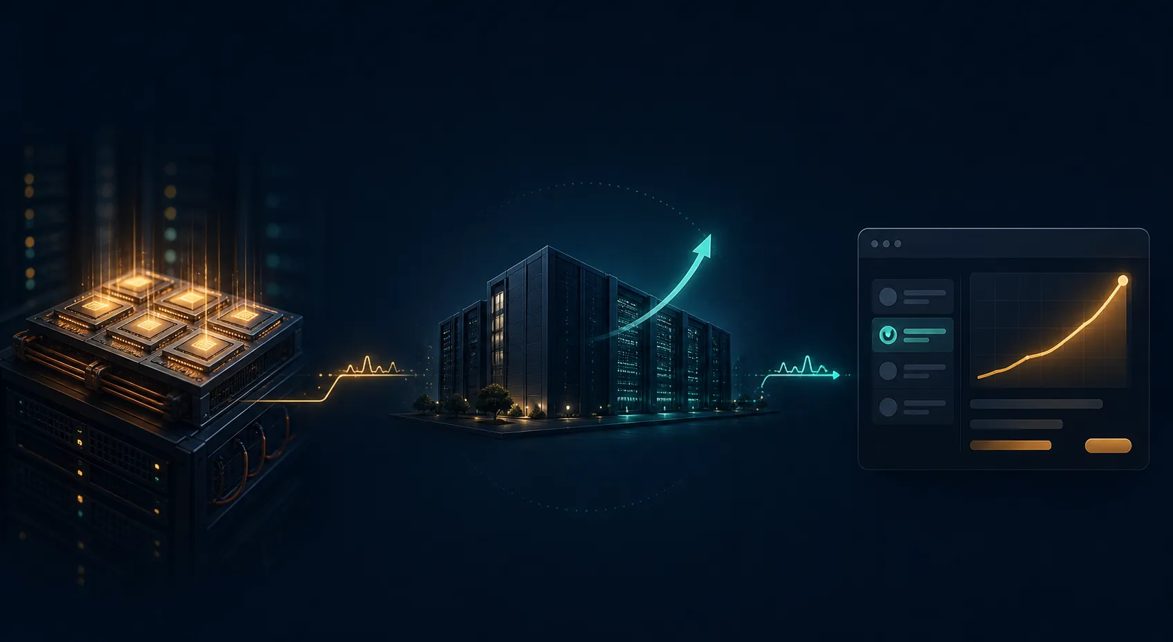A connected path from a GPU cluster through a data center to a rising ad-auction price curve