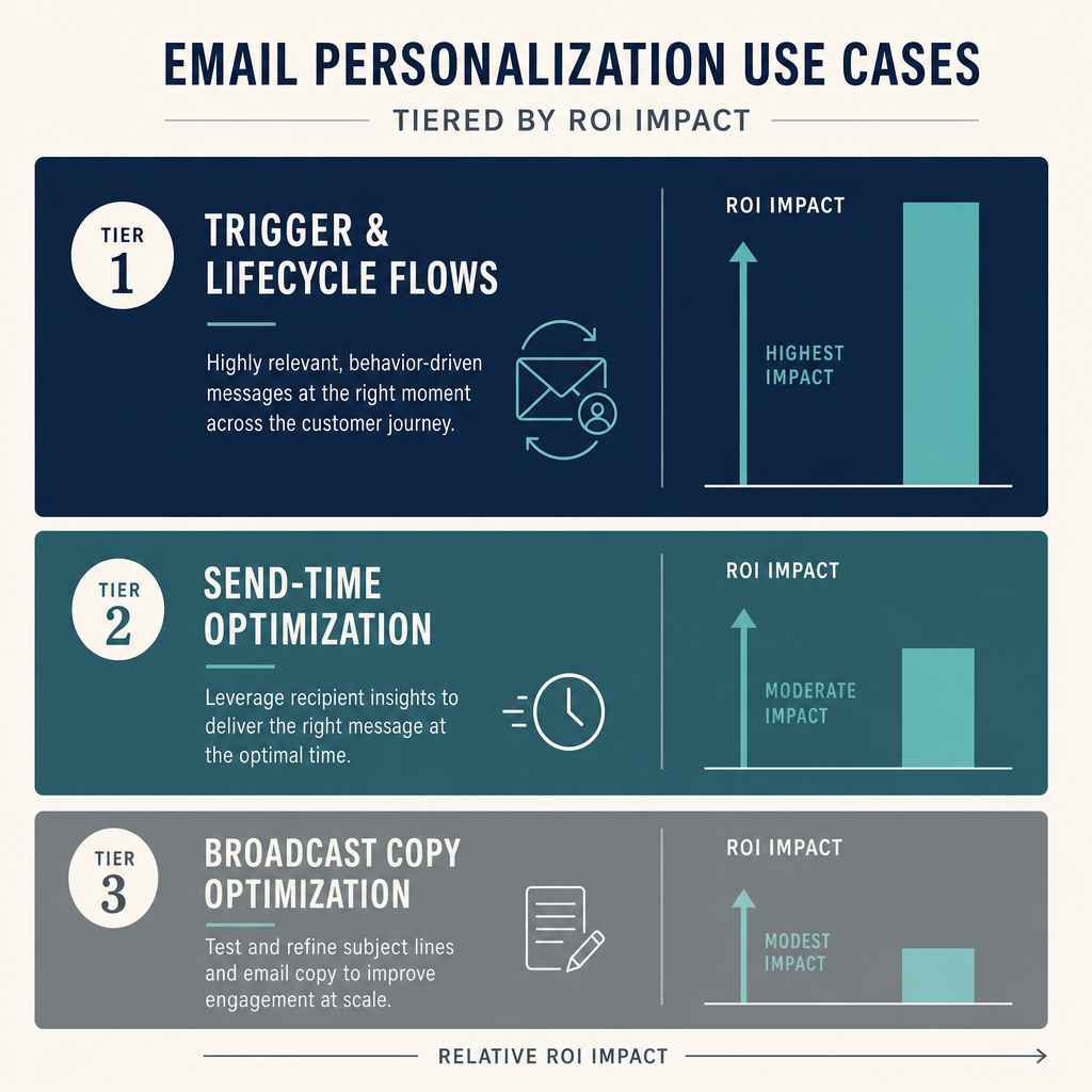 Three-tier diagram showing descending performance levels for email personalization use cases, with trigger flows at top, send-time optimization in the middle, and broadcast copy optimization at the bottom.