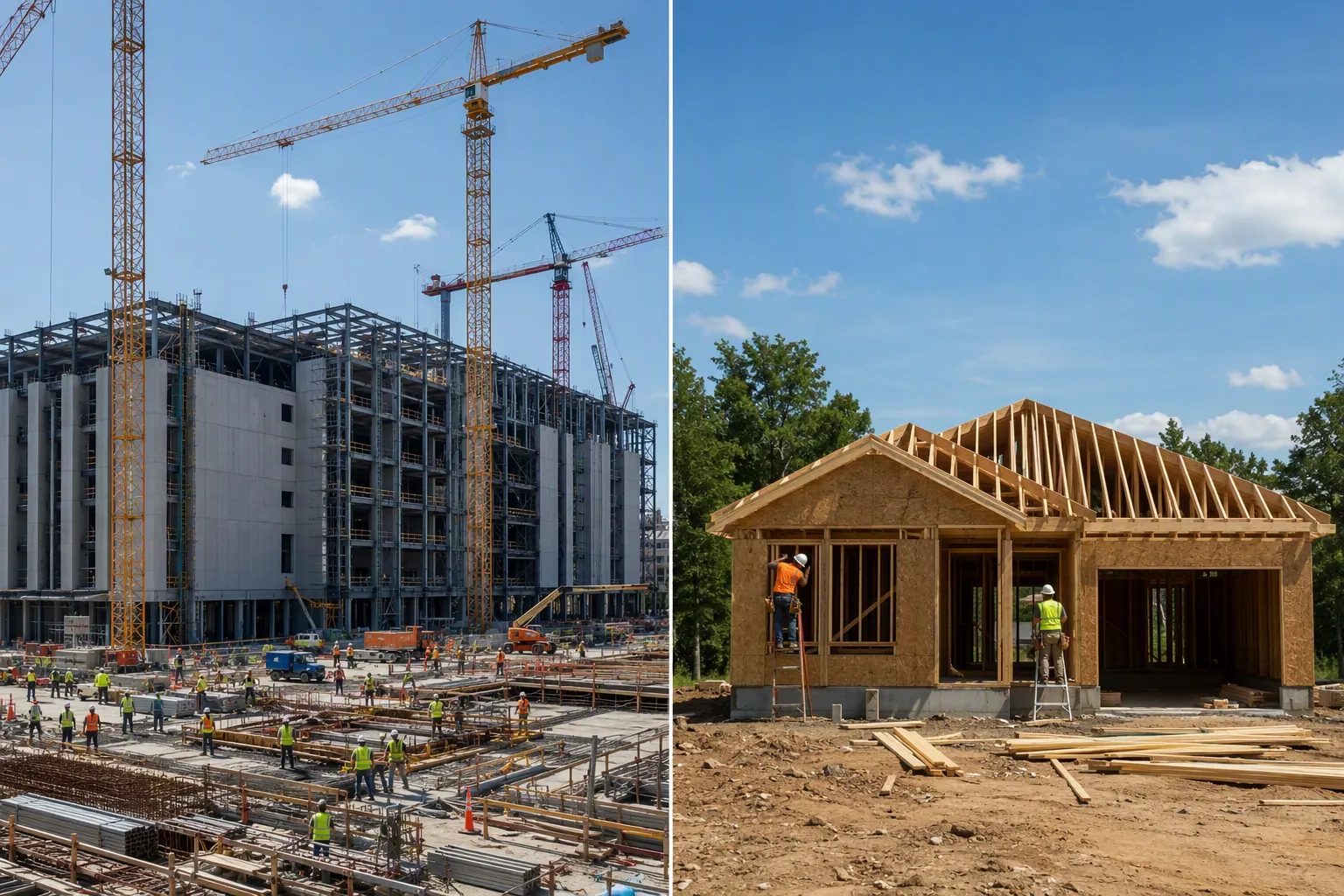 Split image contrasting a busy nonresidential data-center construction site with a quiet residential housing site