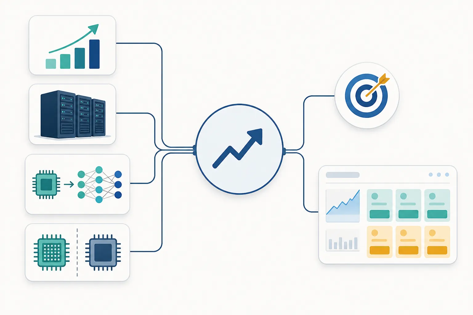 Diagram of market inputs flowing through an AI infrastructure hub into target and ad-auction outputs