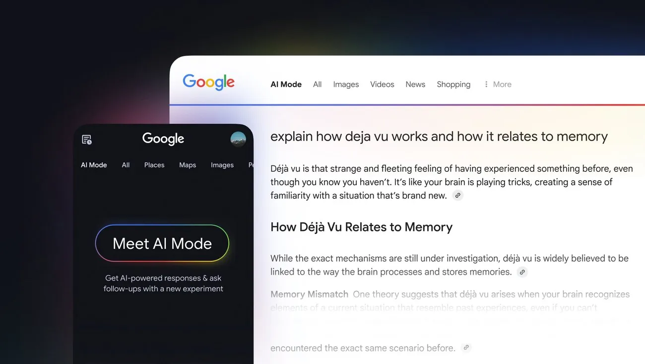 Google AI Mode conversational search experience displayed on a device with an AI-generated answer interface