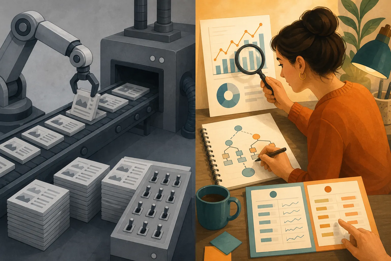 Robotic repetitive paid-media tasks contrasted with a person auditing charts and test branches