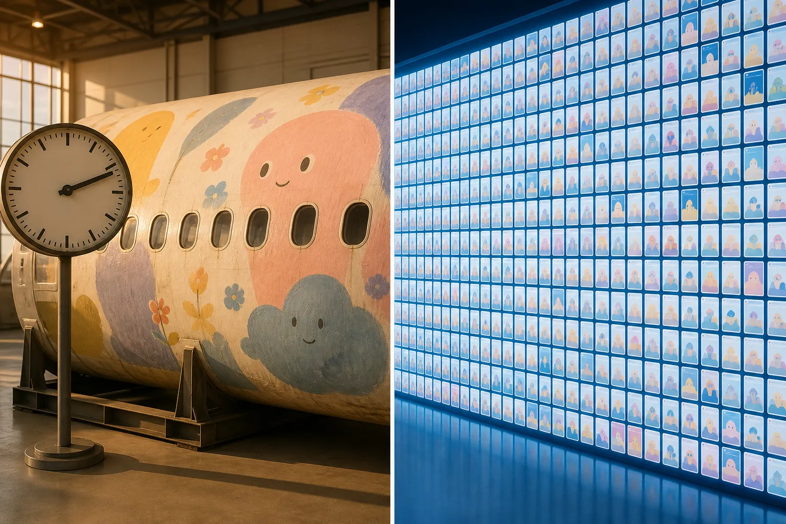 Split illustration contrasting one pastel character-painted aircraft asset with a grid of many digital ad-card thumbnails