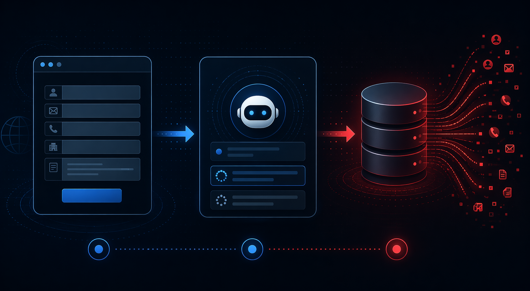 Diagram of ForcedLeak attack chain from web-to-lead form to AI agent to CRM data leakage