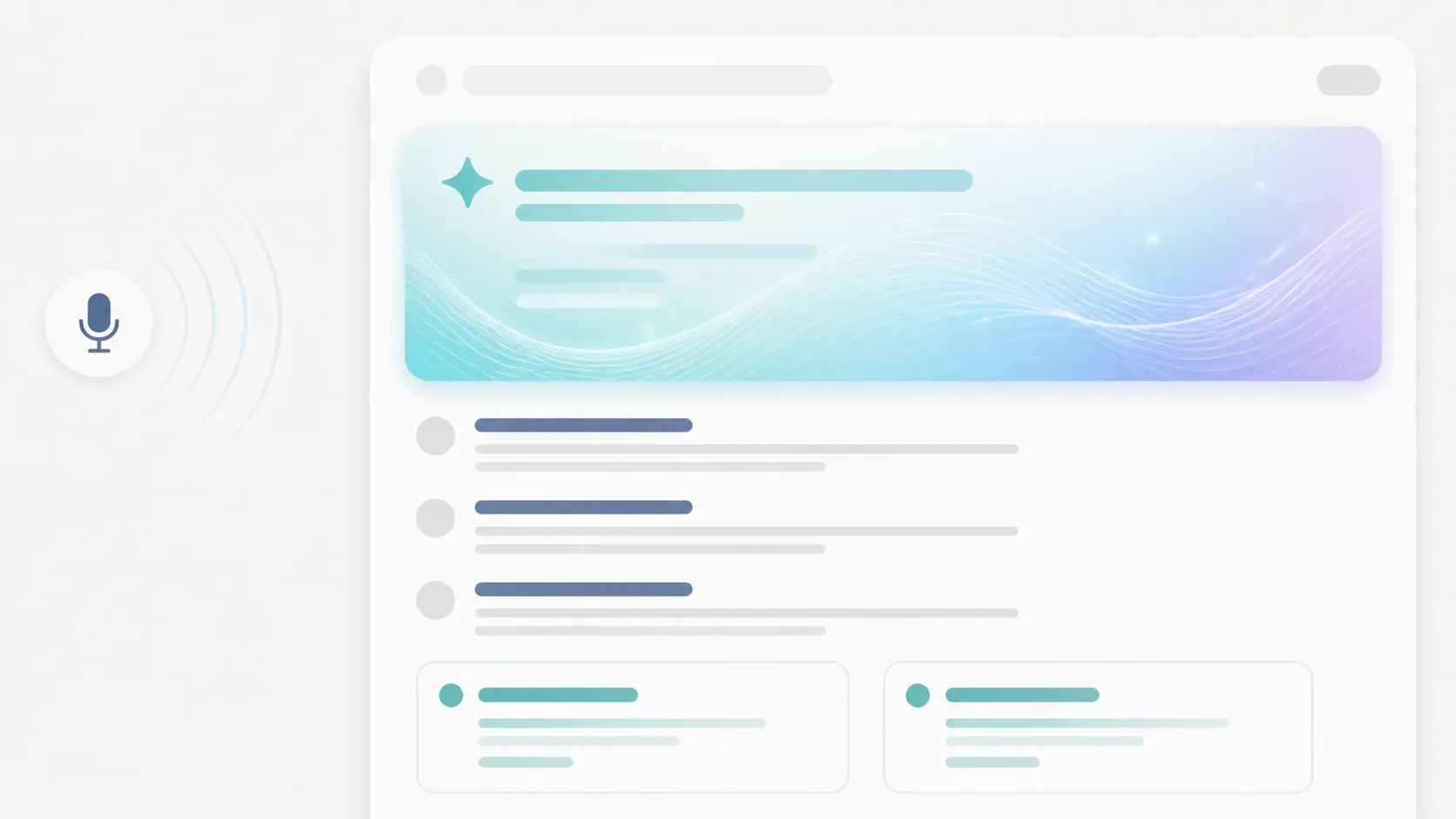 AI-generated search answer panel dominating a results interface while sponsored ads sit lower on the page and a small microphone icon appears in the corner