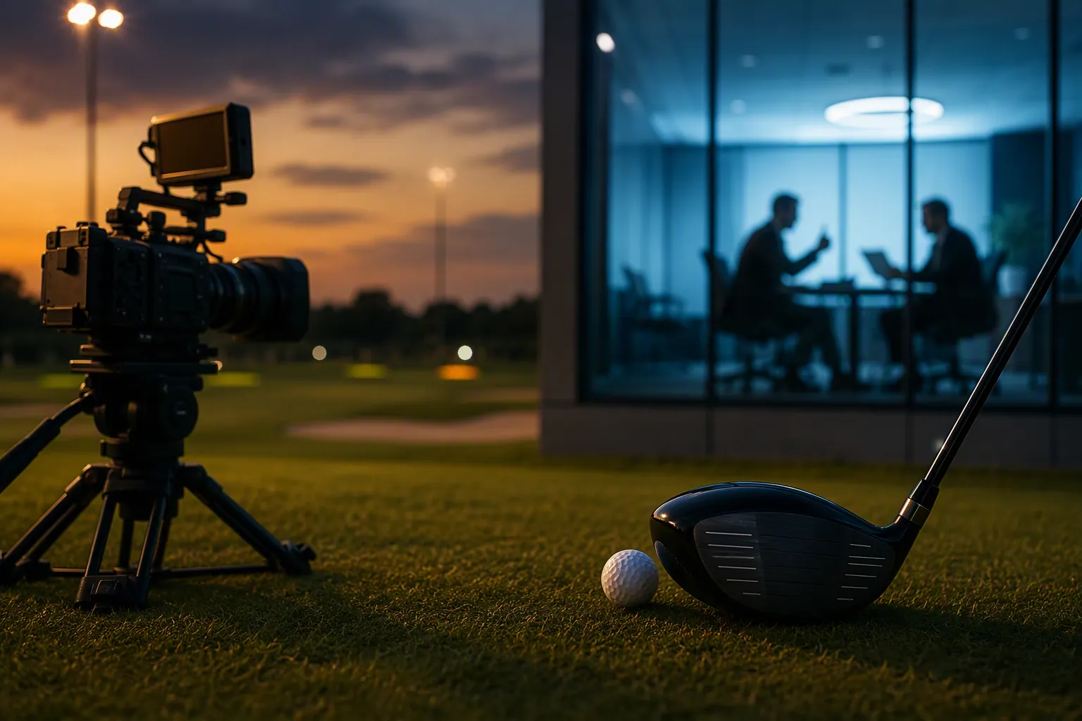 A golf driver and video camera at a driving range with executives reviewing a document behind an office window