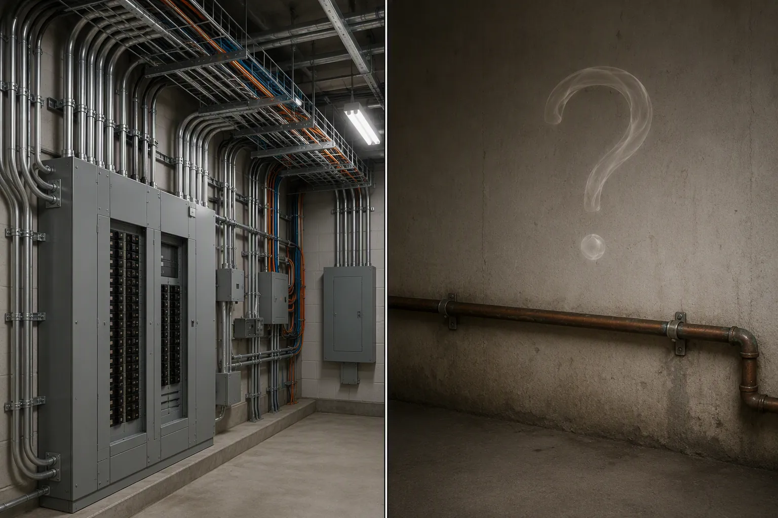 Split scene contrasting a dense electrical room with conduit and panels against a sparse exposed water pipe with a question-mark shape