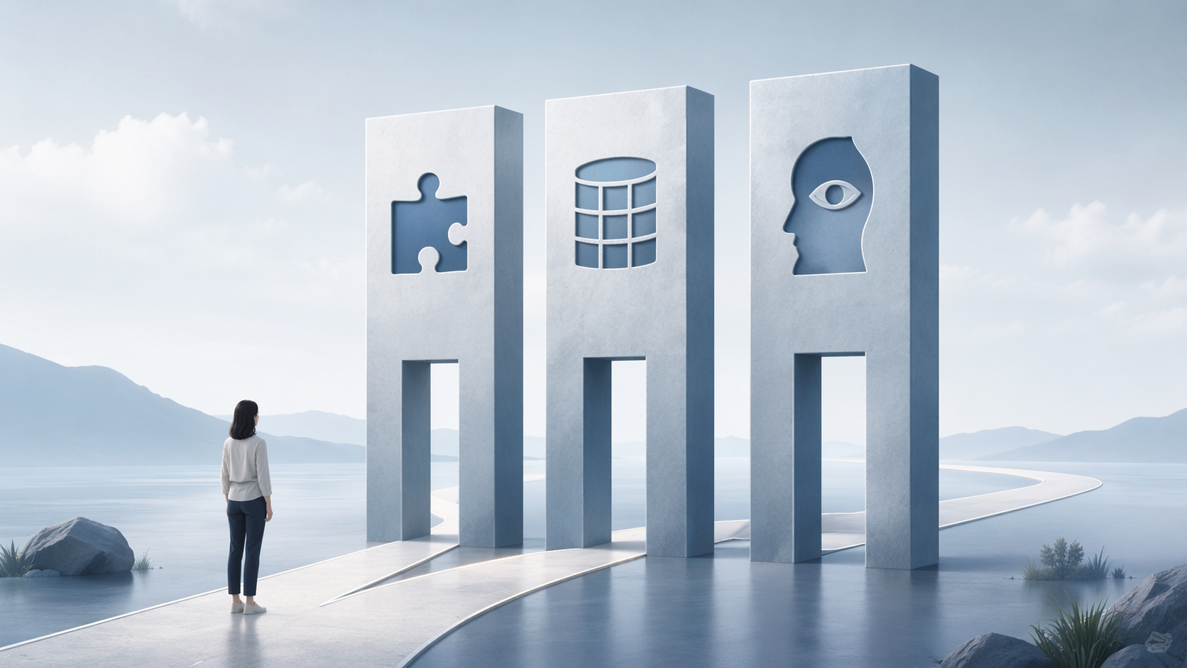 Three pillars with abstract puzzle, database, and human face icons forming a gateway