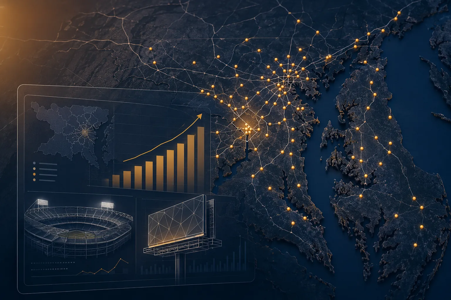 Map of the Washington DC-Baltimore-Eastern Shore region with restaurant markers, analytics charts, a stadium icon, and an OOH billboard frame
