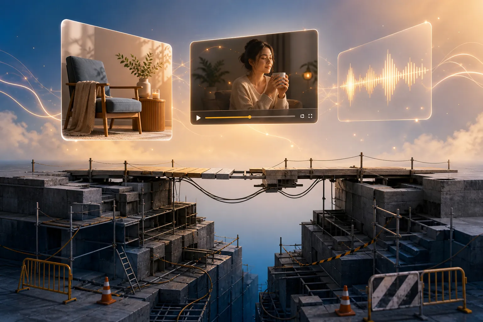 Ad creative outputs floating above a partially dismantled AI foundation layer under construction