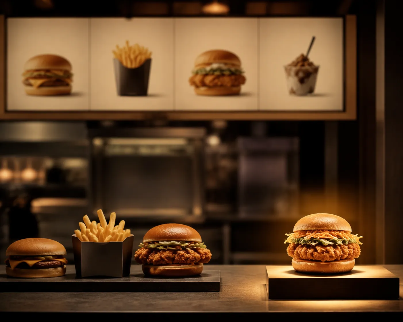 Minimalist QSR kitchen counter with a sparse menu board and one seasonal item highlighted