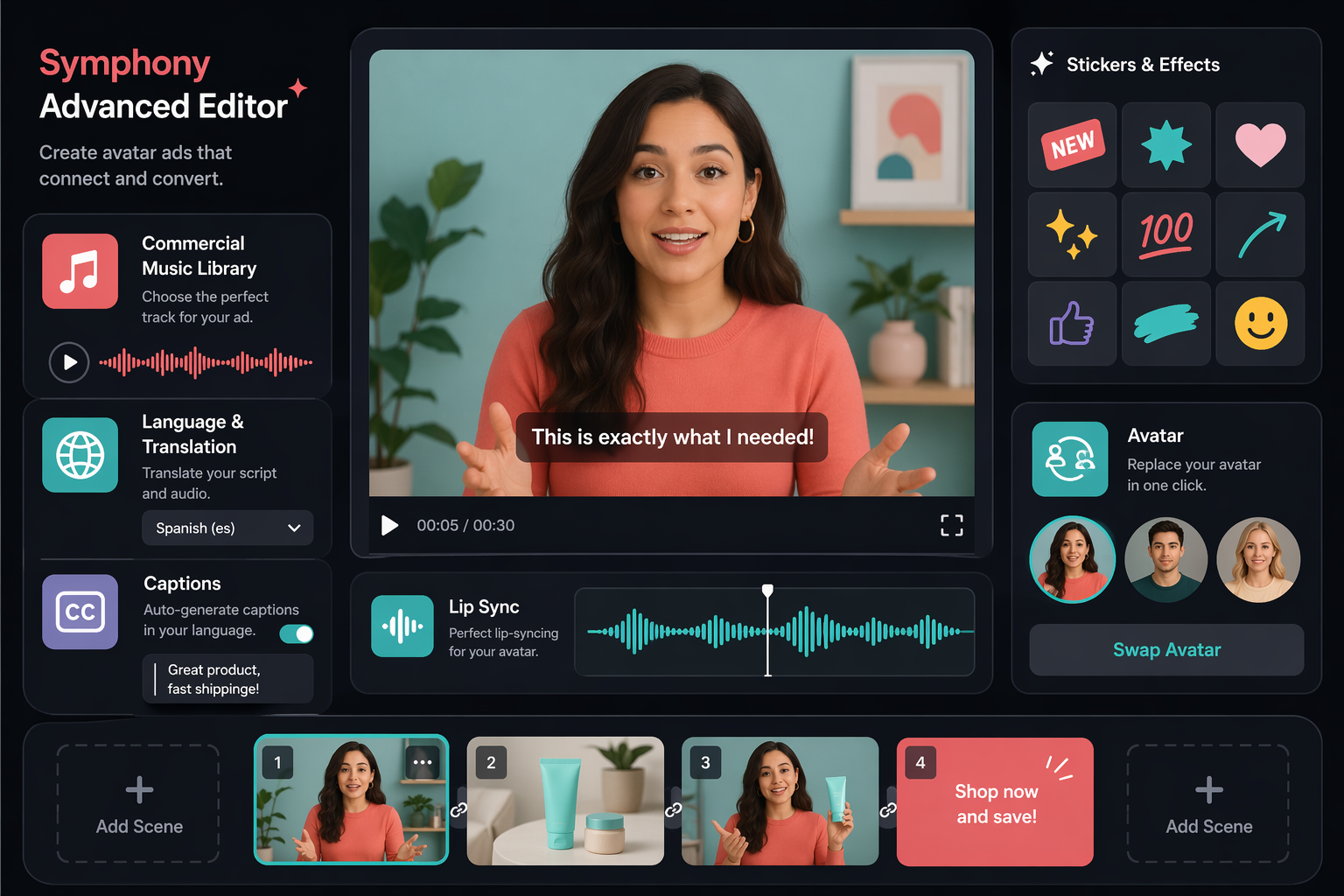 TikTok Symphony Advanced Editor concept with controls for music, translation, captions, lip-sync, stickers, effects, and avatar replacement