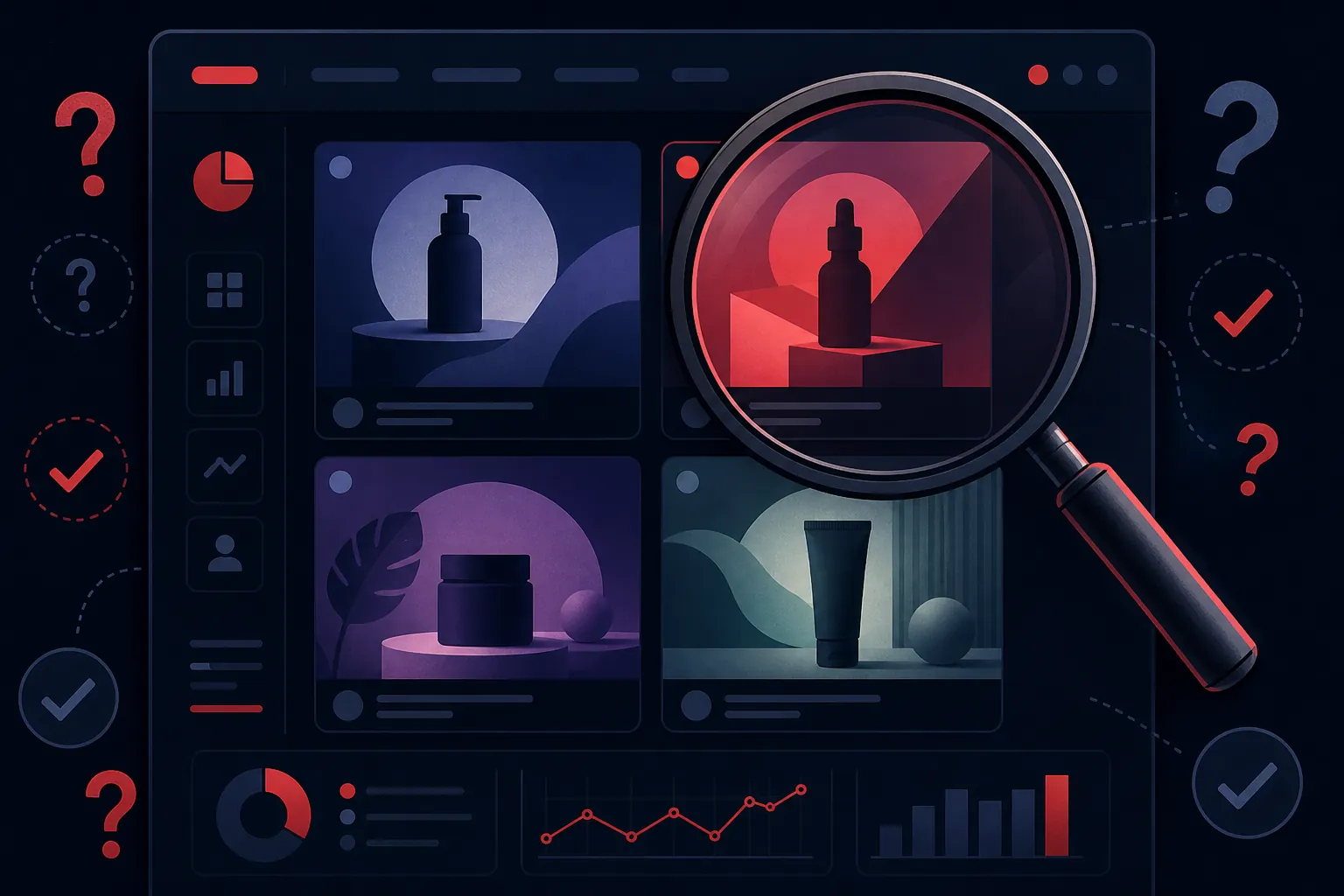 A digital ad creative dashboard inspected with a magnifying glass and verification symbols