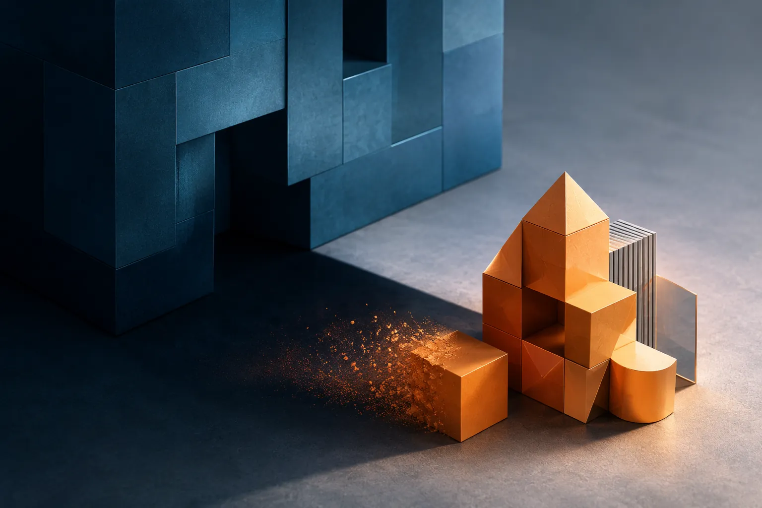 A smaller shape partly compressed by a larger platform shadow while restructuring into a more complex form