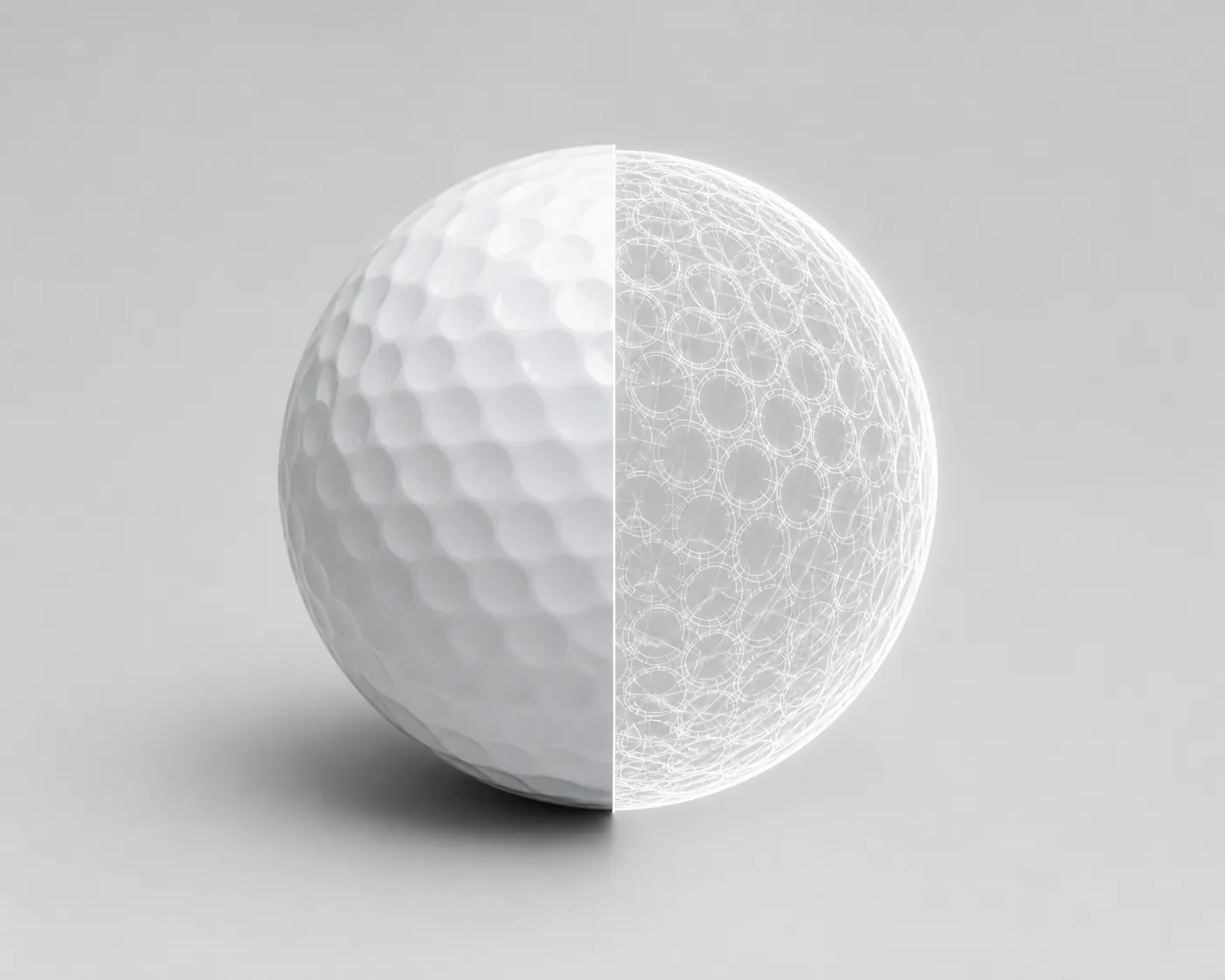 A golf ball split between a realistic product photo and a glowing digital wireframe mesh