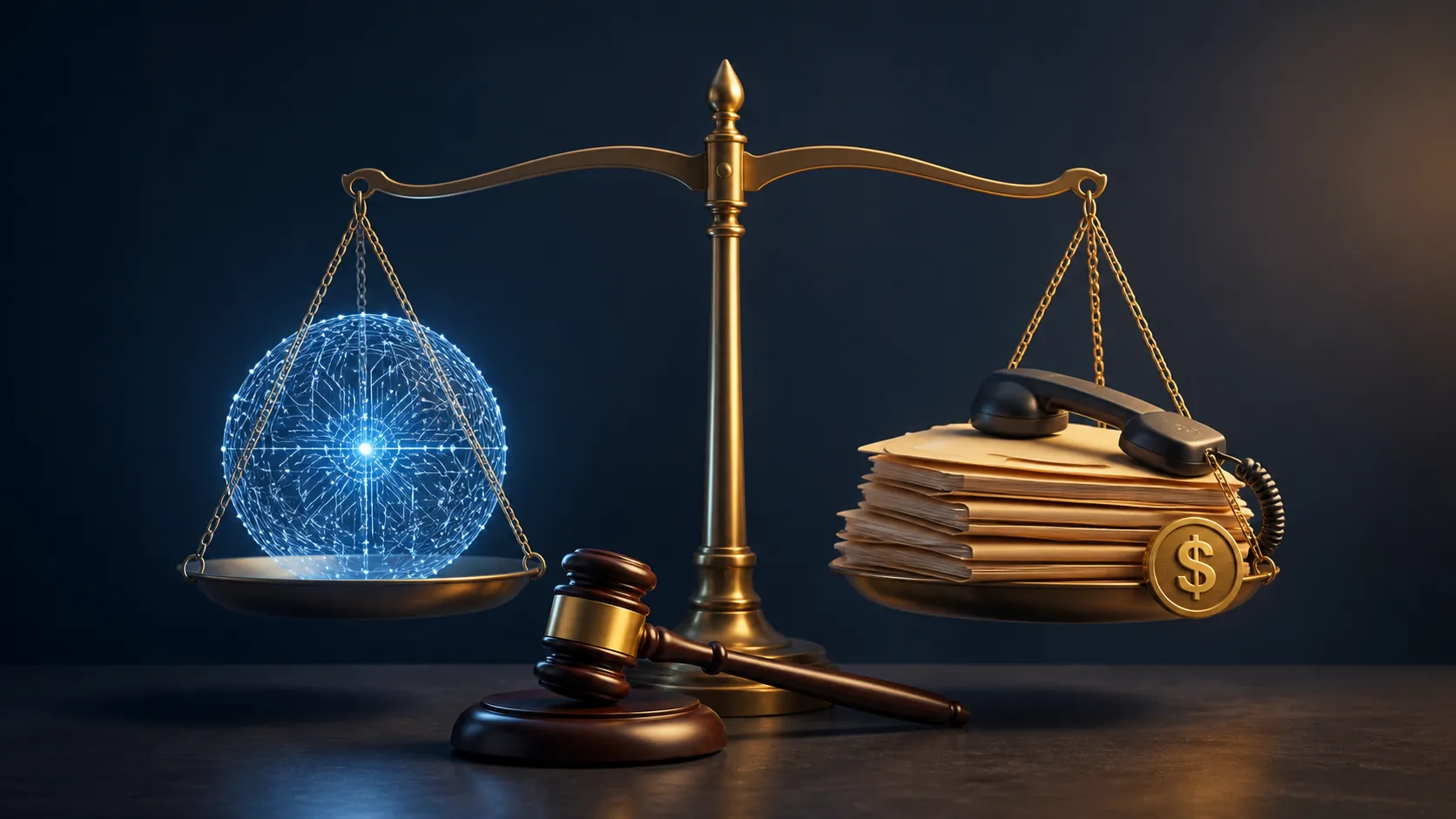 Balance scale weighing an AI neural sphere against legal folders, a phone handset, and a dollar sign