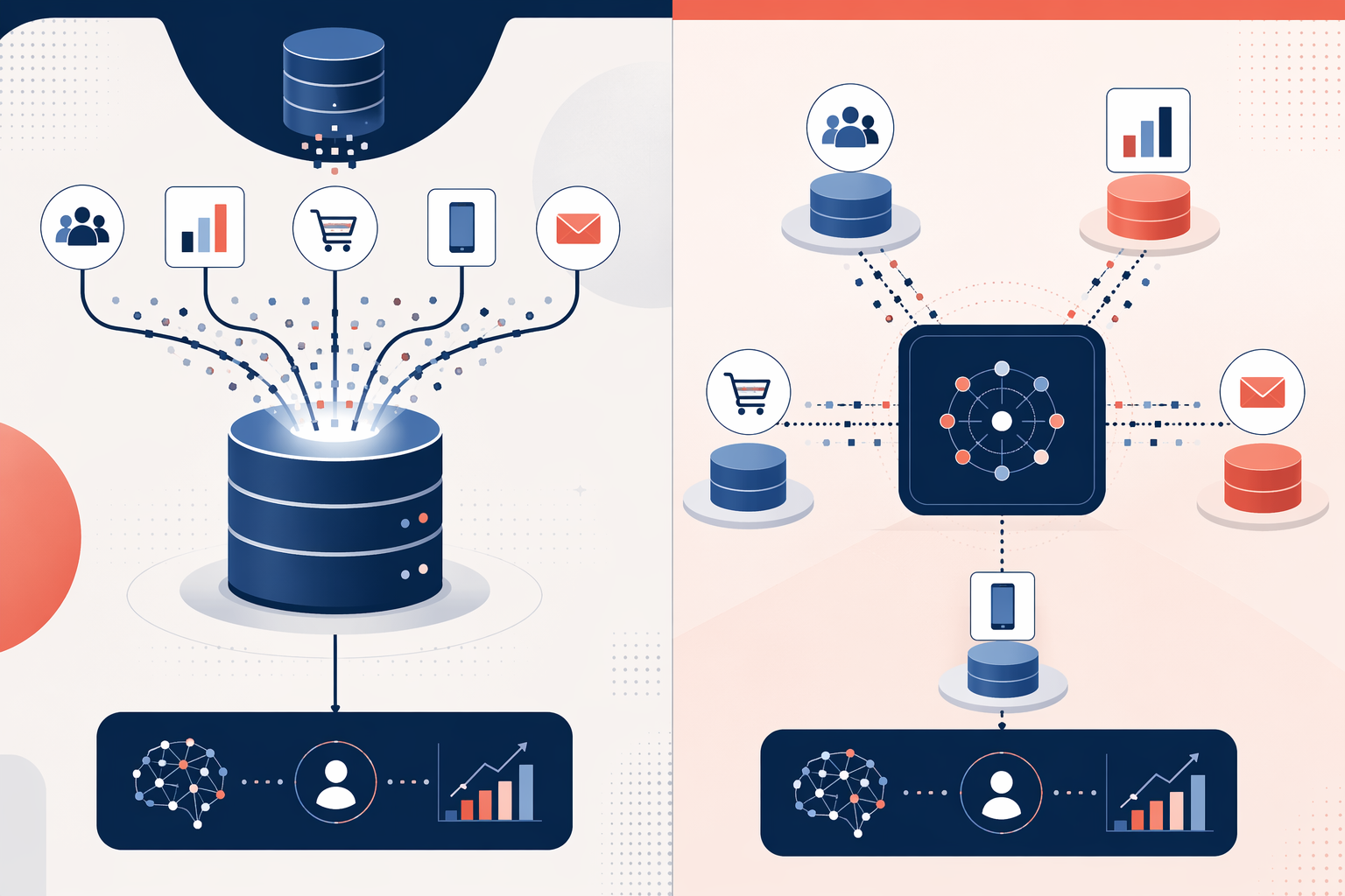 Centralized and distributed customer data architecture models shown side by side