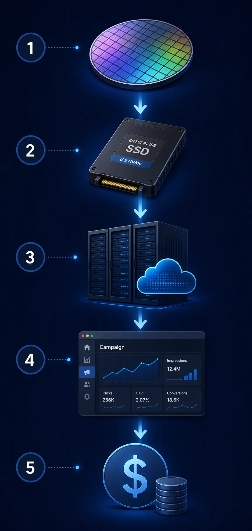 Five-step flow from NAND wafer to enterprise SSD, cloud server, AI campaign dashboard, and advertiser cost