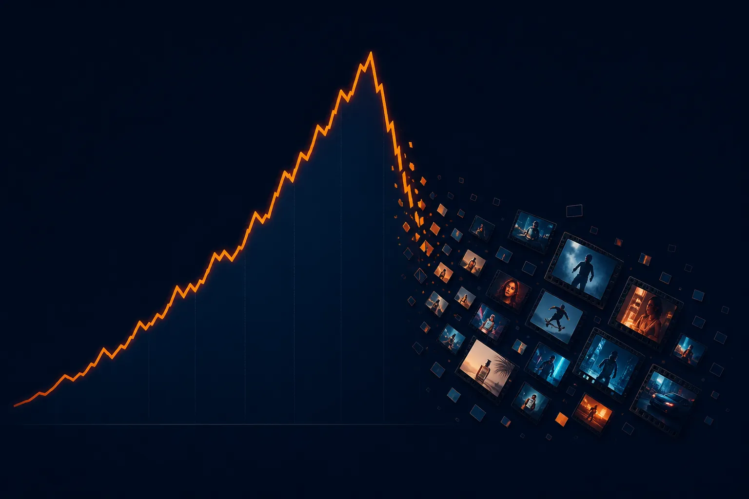 An orange stock line climbs and collapses into scattered video frame tiles
