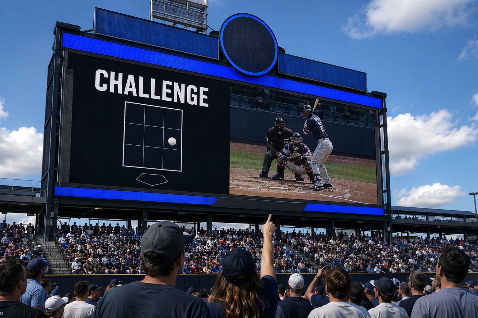 MLB scoreboard showing a challenge review graphic with a strike zone diagram as fans watch from the stands