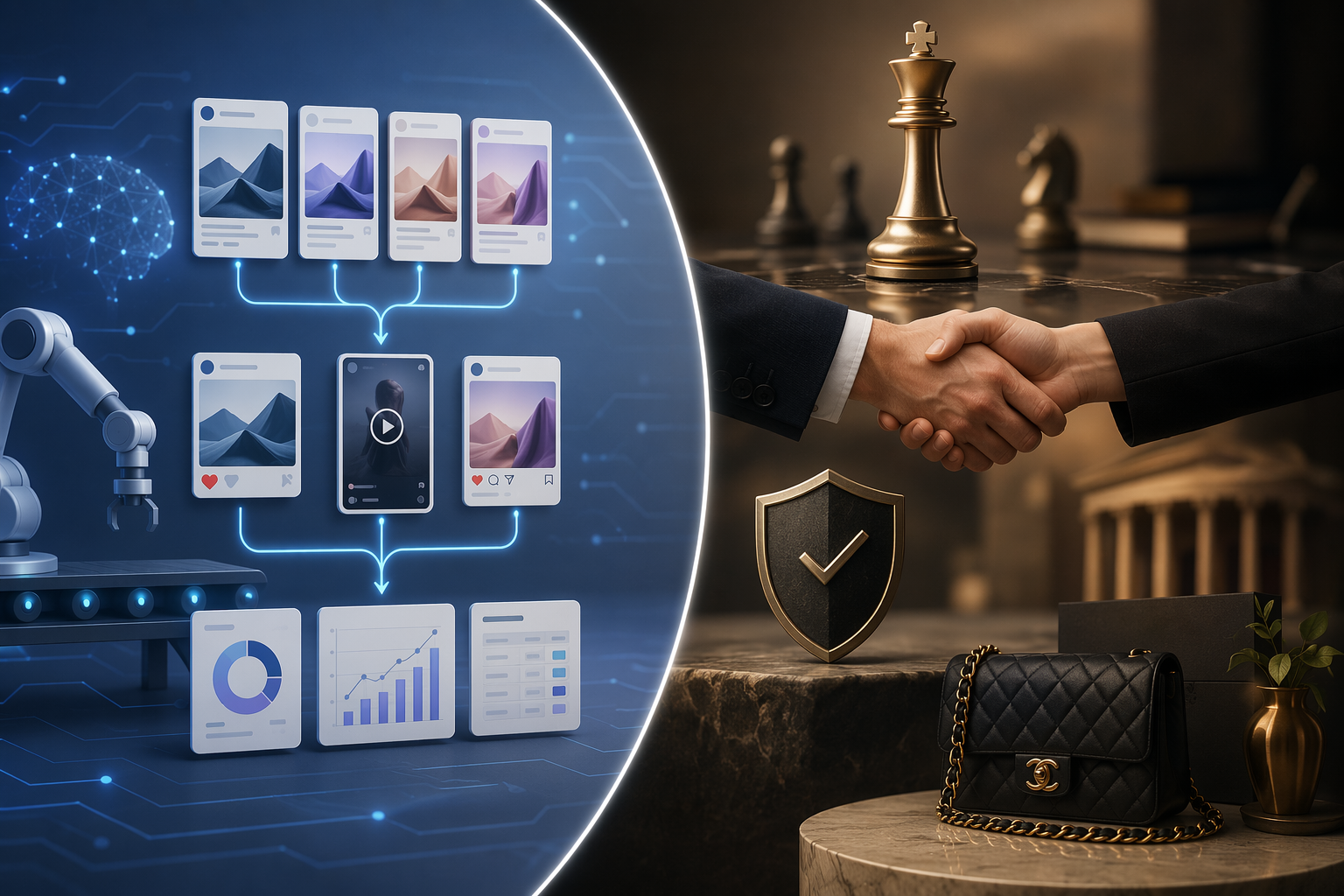 Comparison of production-heavy marketing work suited to AI throughput and strategic high-touch work suited to traditional agency strengths