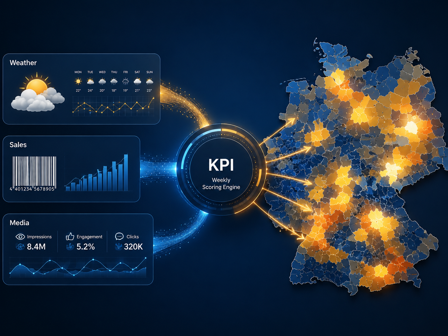 Diagram of weather, retail sales, and media metrics feeding a weekly KPI scoring engine