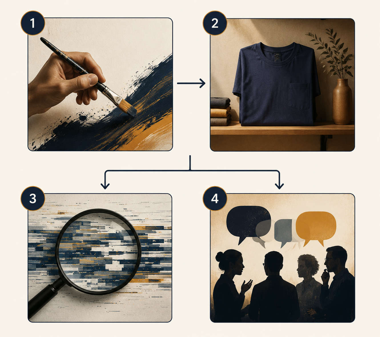 Four-part framework showing creativity dependence, tangible product ownership, quality failures, and internal dissent