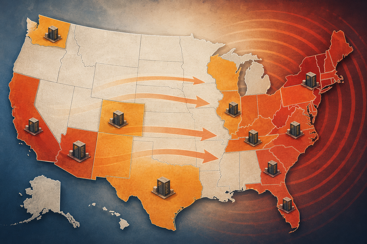 Stylized US map with highlighted states and data center icons showing the spread of data center restrictions