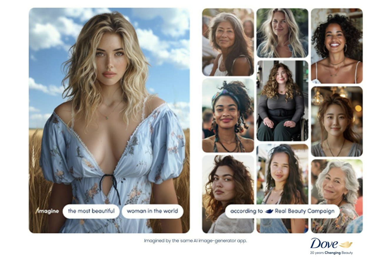 Dove The Code campaign image contrasting real women with AI-generated beauty distortion