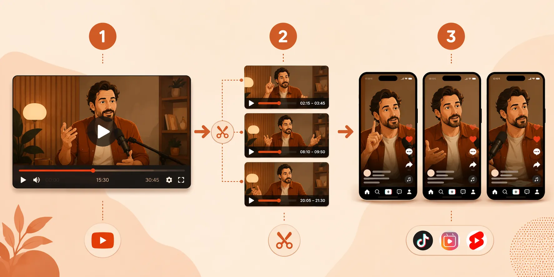 A YouTube video is split into timestamped clips and transformed into vertical short-form social videos