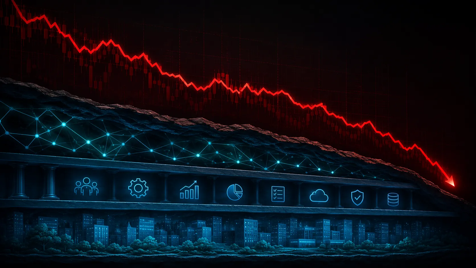 Steep red stock chart line over glowing structural panels representing solid business fundamentals under a sharp stock decline