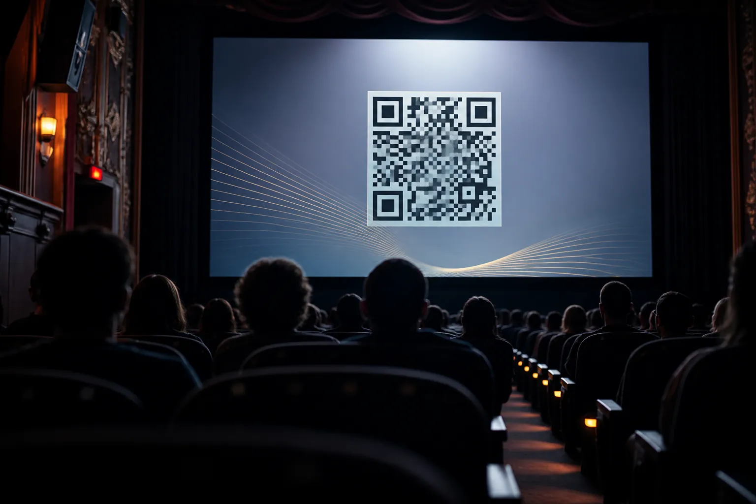 Darkened cinema auditorium during a preshow advertising block, with a large QR code on screen and silhouetted audience members facing the screen