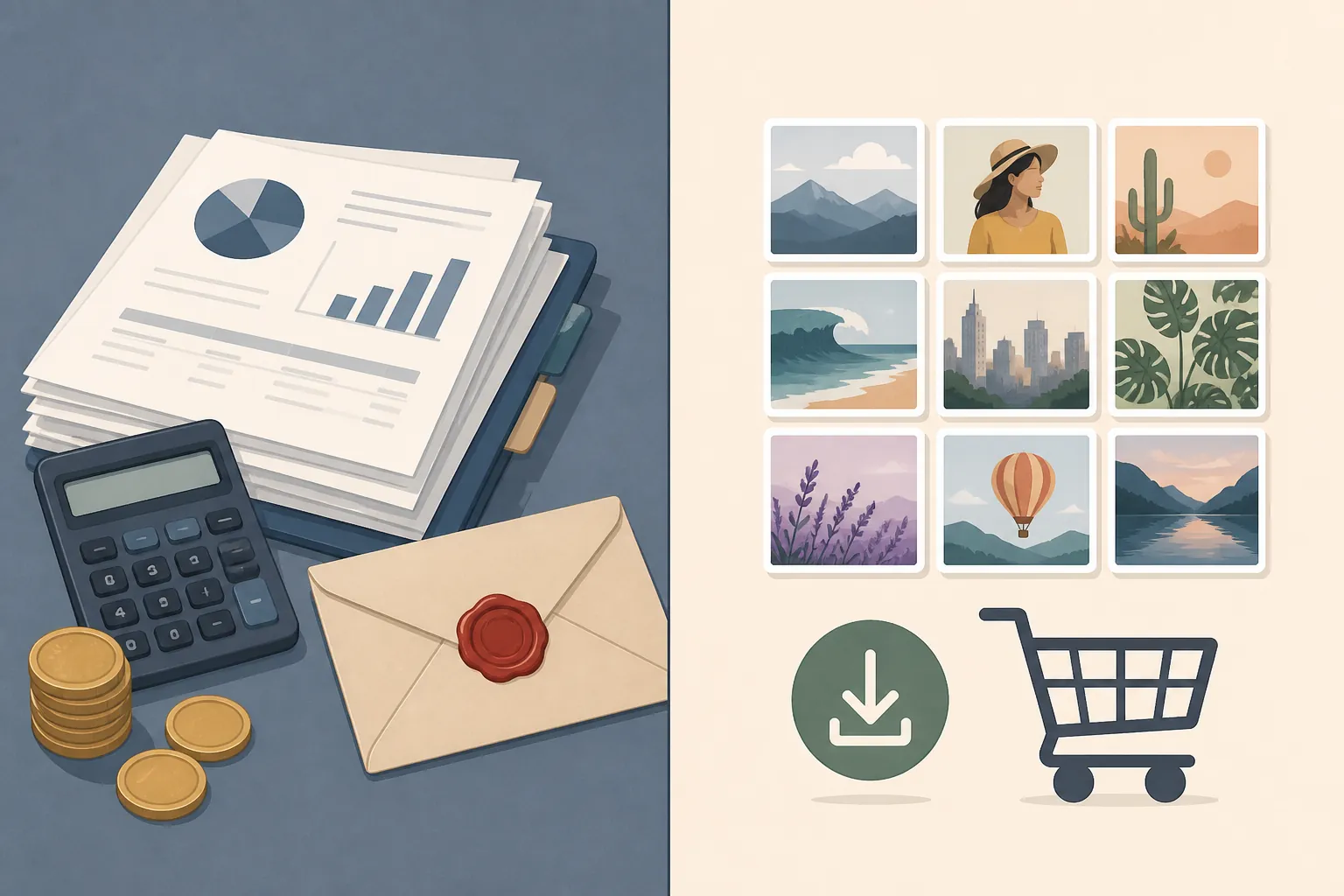 A split illustration showing financing documents on one side and photo-download buying channels on the other
