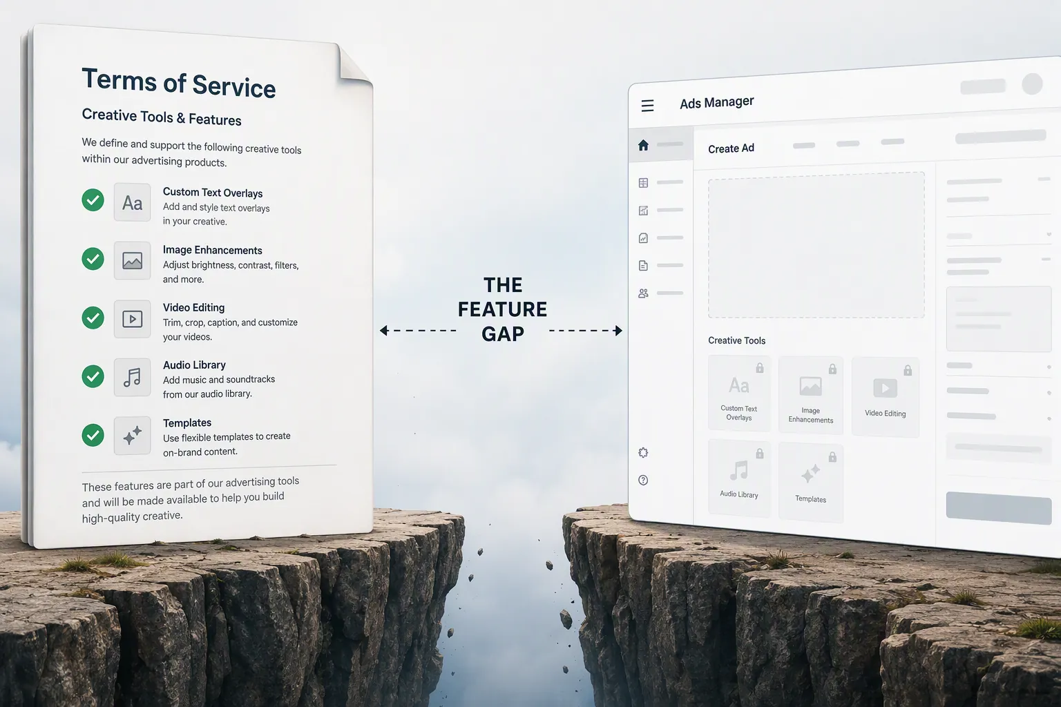 Terms-of-service feature names contrasted with missing or greyed-out Ads Manager controls