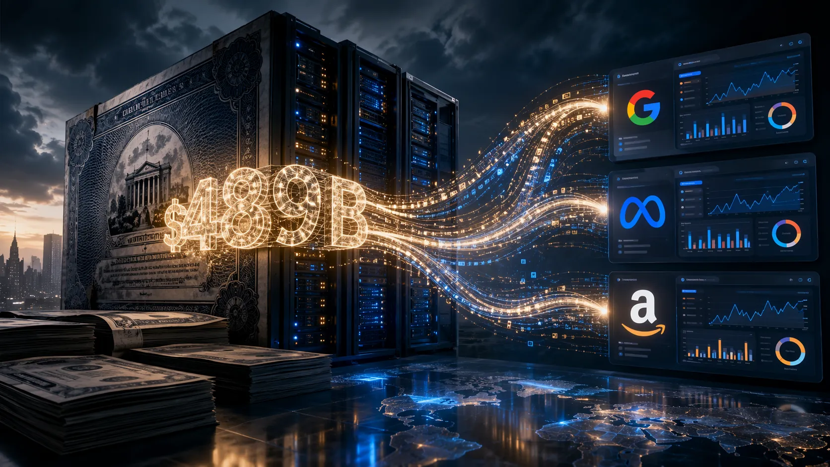 Large bond certificates connected to server racks, cooling towers, and abstract ad dashboards