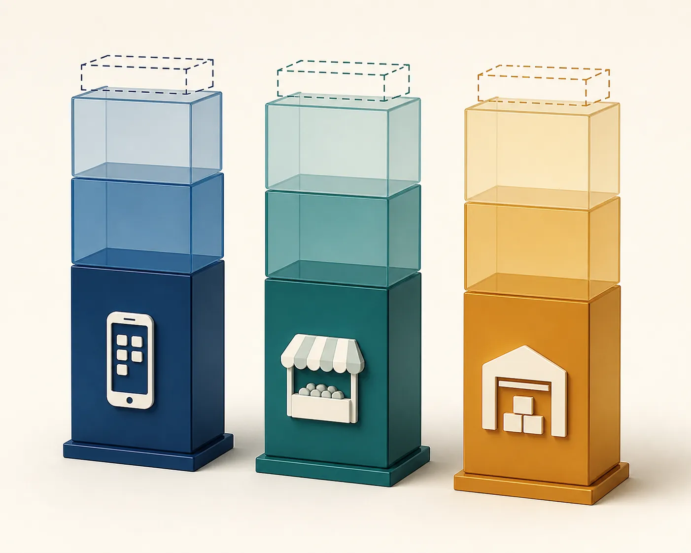 Three brand case-file columns showing solid operational and distribution blocks below a thin speculative advertising layer