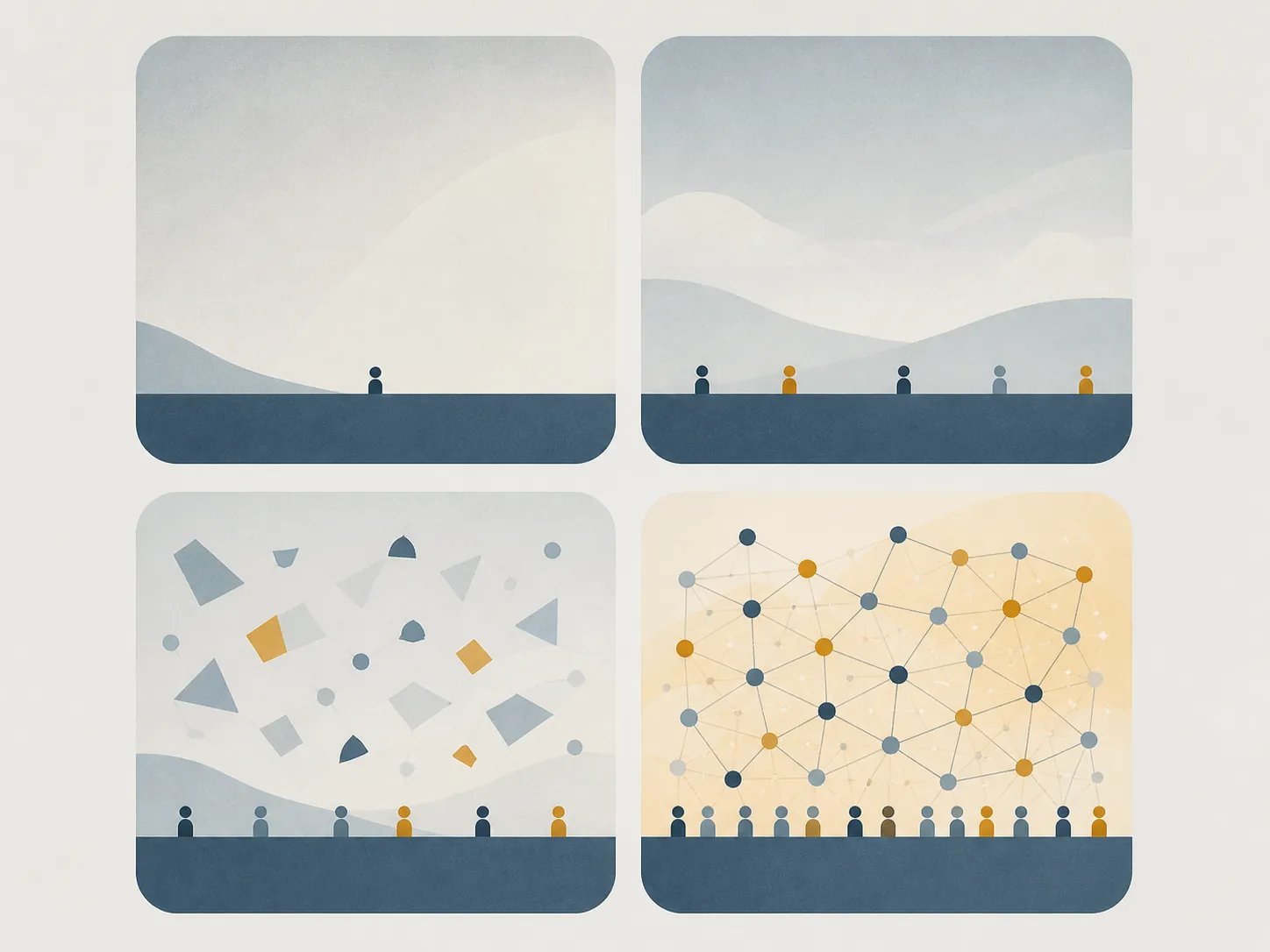 Four abstract platform tiles showing a gradient from restricted reach to denser addressable audience clusters