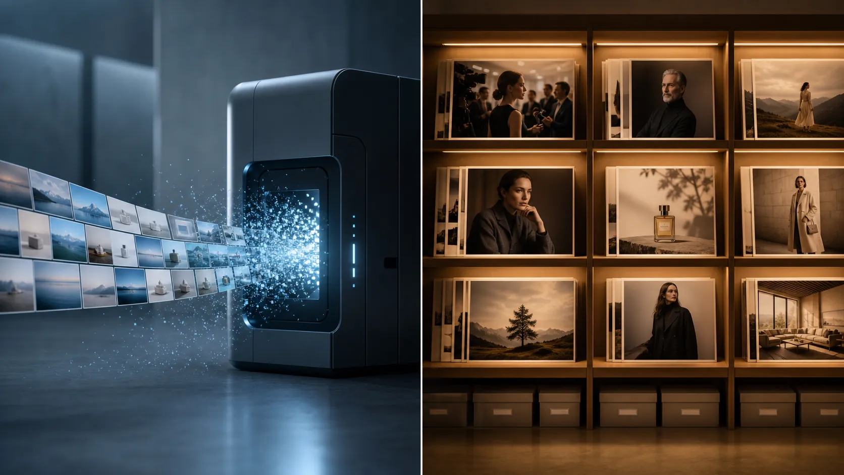 Generic stock-style thumbnails dissolving into an AI processing machine beside curated editorial and premium campaign images on archive shelving